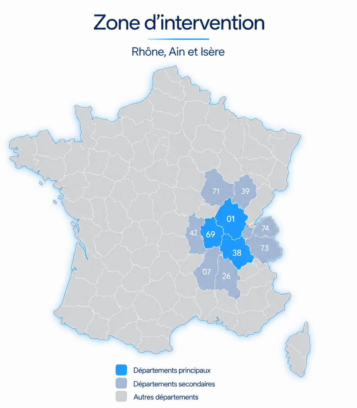 Carte des zones d’intervention Inox Univers : Rhône, Ain, Isère, Savoie, Haute-Savoie, Loire, Saône-et-Loire, Jura, Drôme et Ardèche