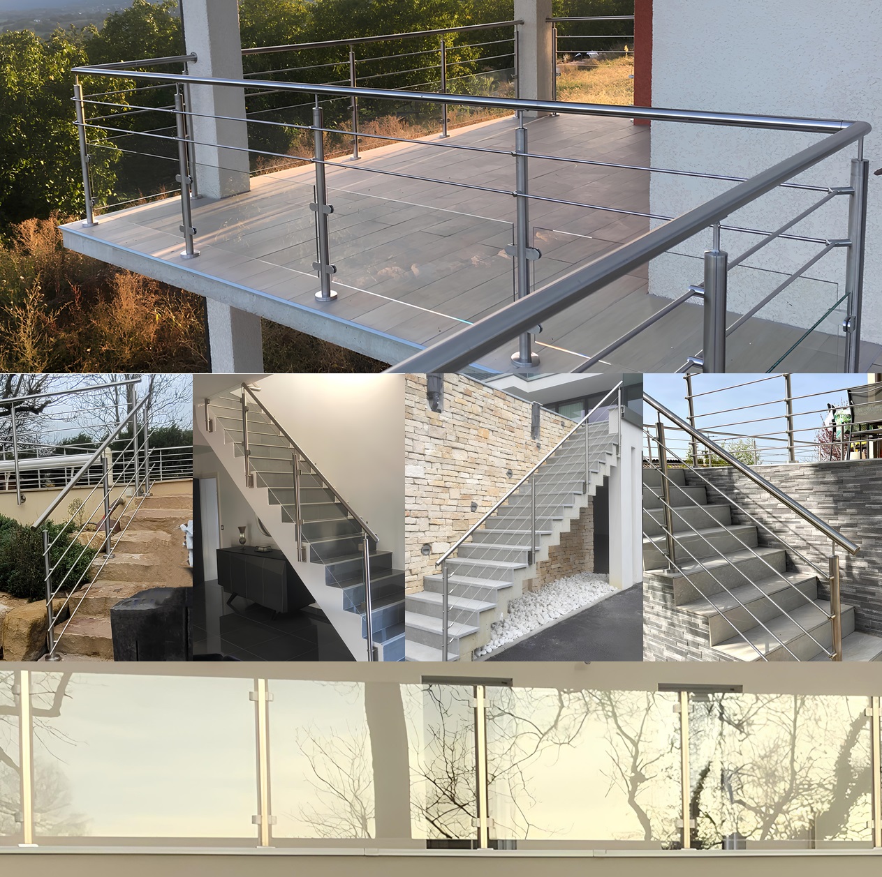 Différents garde-corps en verre et inox : terrasse avec verre et tubes, rampes d’escalier en verre, câbles et tubes, et garde-corps tout verre sans main courante